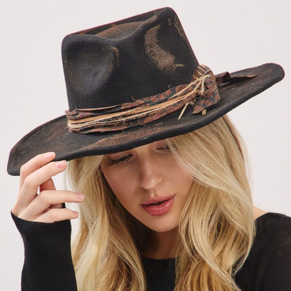 Black Boho Feather Western Rustic Fabric Band Cowboy Hat Womens Statement